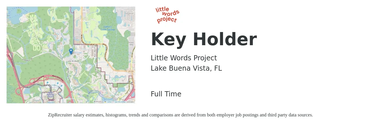 Little Words Project job posting for a Key Holder in Lake Buena Vista, FL with a salary of $13 to $16 Hourly with a map of Lake Buena Vista location.