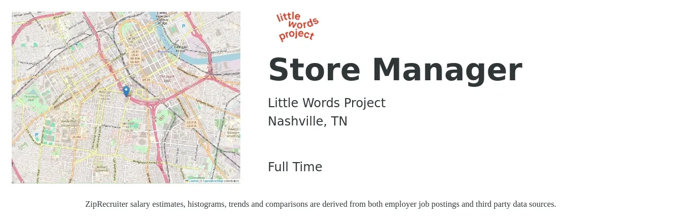 Little Words Project job posting for a Store Manager in Nashville, TN with a salary of $40,100 to $62,300 Yearly with a map of Nashville location.