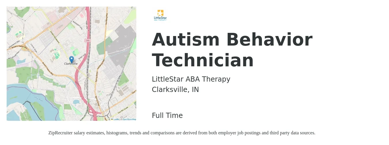 LittleStar ABA Therapy job posting for a Autism Behavior Technician in Clarksville, IN with a salary of $21 Hourly with a map of Clarksville location.
