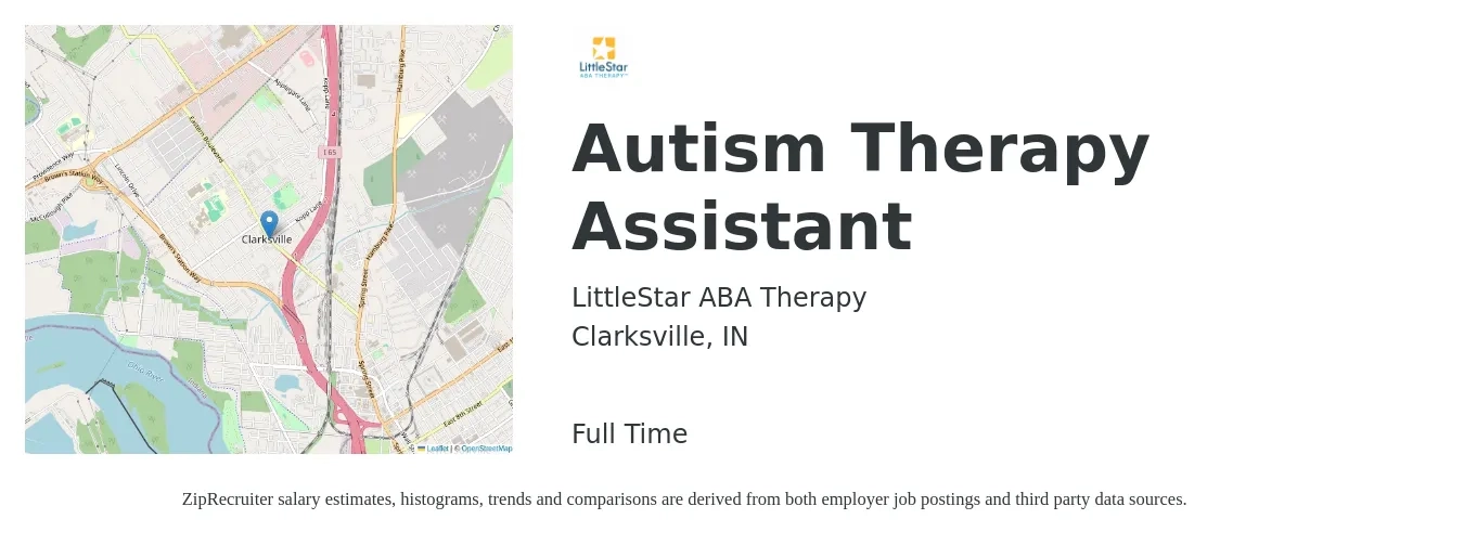 LittleStar ABA Therapy job posting for a Autism Therapy Assistant in Clarksville, IN with a salary of $21 Hourly with a map of Clarksville location.