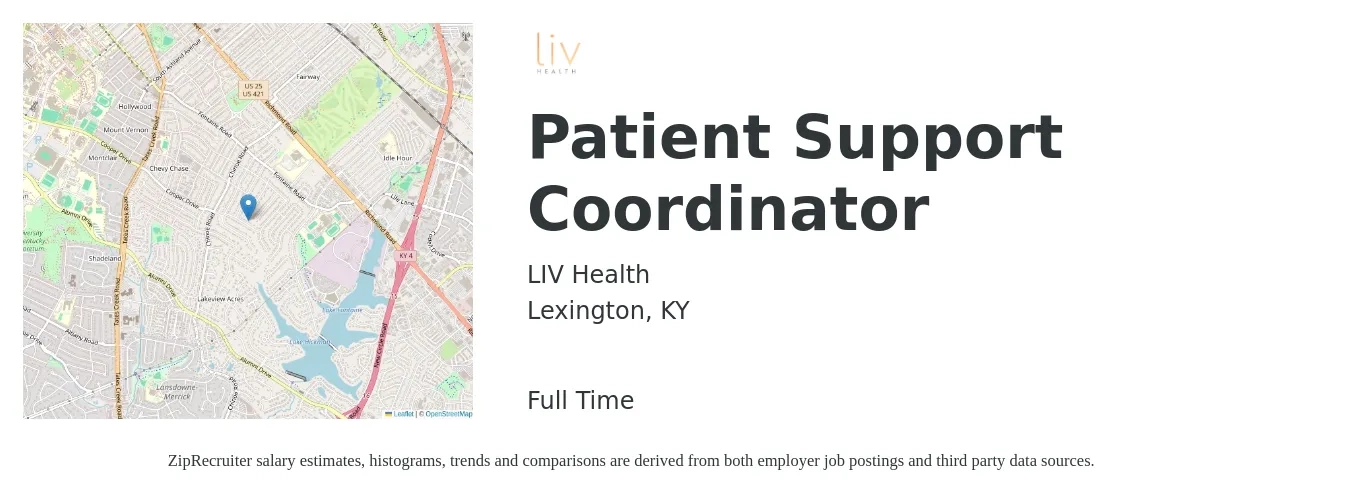 LIV Health job posting for a Patient Support Coordinator in Lexington, KY with a salary of $15 to $20 Hourly with a map of Lexington location.