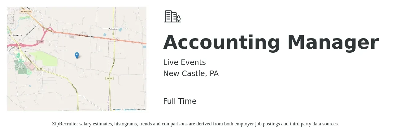 Live Events job posting for a Accounting Manager in New Castle, PA with a salary of $67,400 to $96,700 Yearly with a map of New Castle location.