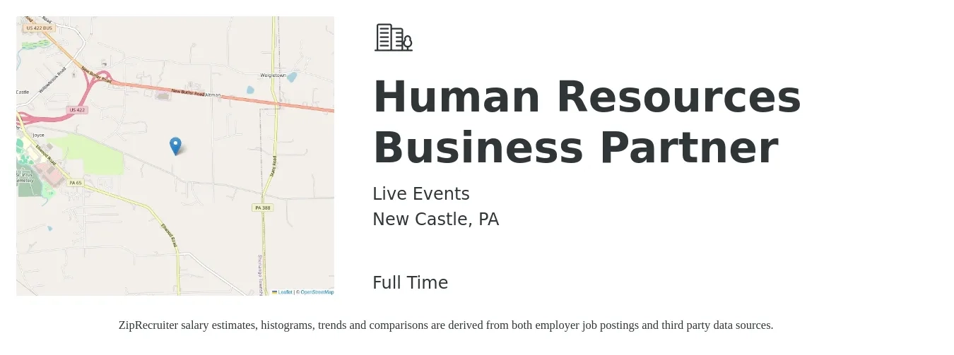 Live Events job posting for a Human Resources Business Partner in New Castle, PA with a salary of $62,200 to $88,500 Yearly with a map of New Castle location.
