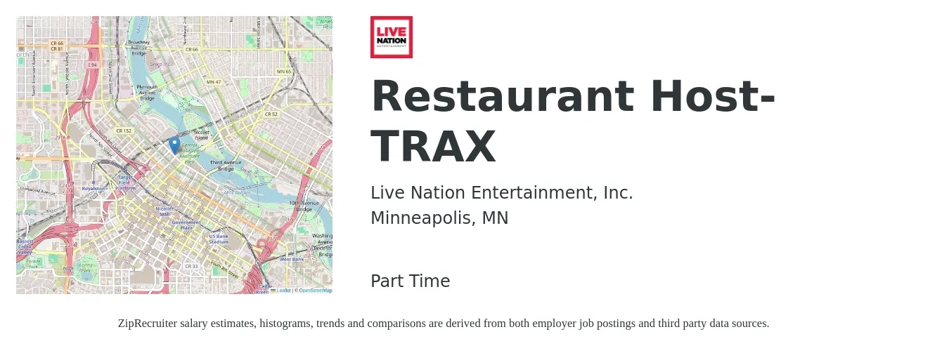 Live Nation Worldwide, Inc. job posting for a Restaurant Host- TRAX in Minneapolis, MN with a salary of $14 to $18 Hourly with a map of Minneapolis location.