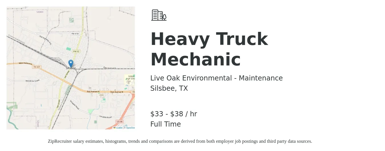 Live Oak Environmental - Maintenance job posting for a Heavy Truck Mechanic in Silsbee, TX with a salary of $35 to $40 Hourly with a map of Silsbee location.