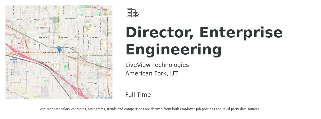 LiveView Technologies job posting for a Director, Enterprise Engineering in American Fork, UT with a salary of $126,500 to $226,200 Yearly with a map of American Fork location.