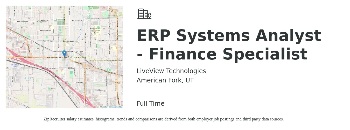 LiveView Technologies job posting for a ERP Systems Analyst - Finance Specialist in American Fork, UT with a salary of $76,900 to $104,100 Yearly with a map of American Fork location.