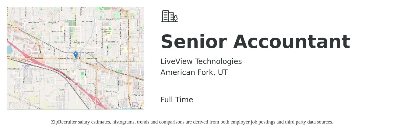LiveView Technologies job posting for a Senior Accountant in American Fork, UT with a salary of $66,100 to $83,100 Yearly with a map of American Fork location.
