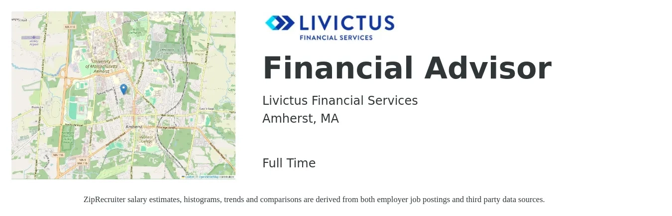Livictus Financial Services job posting for a Financial Advisor in Amherst, MA with a salary of $73,900 to $129,000 Yearly with a map of Amherst location.