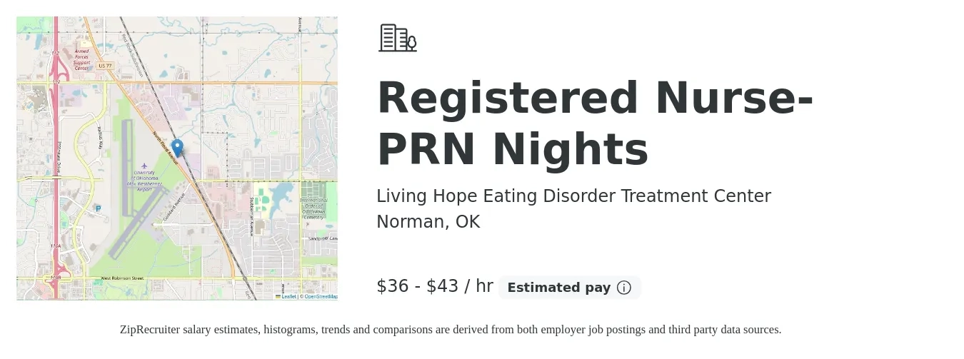 Living Hope Eating Disorder Treatment Center job posting for a Registered Nurse- PRN Nights in Norman, OK with a salary of $38 to $45 Hourly with a map of Norman location.