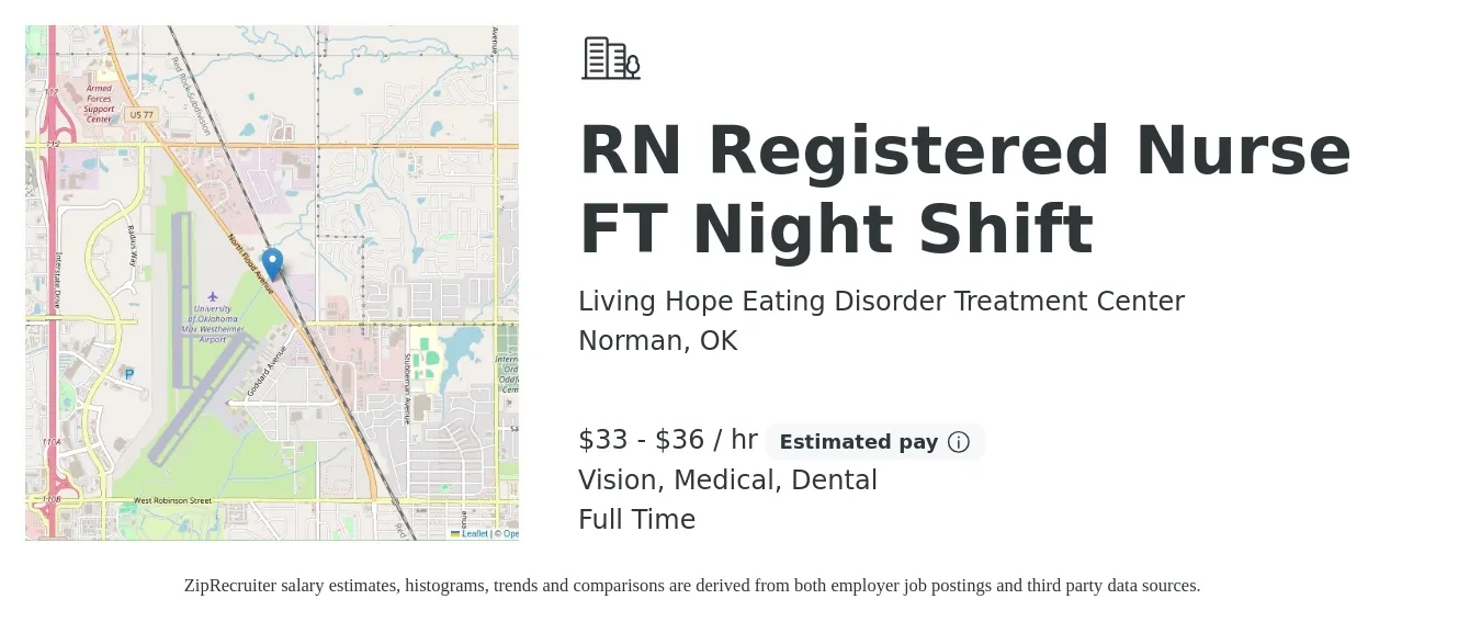 Living Hope Eating Disorder Treatment Center job posting for a RN Registered Nurse FT Night Shift in Norman, OK with a salary of $35 to $38 Hourly and benefits including medical, pto, vision, dental, and life_insurance with a map of Norman location.