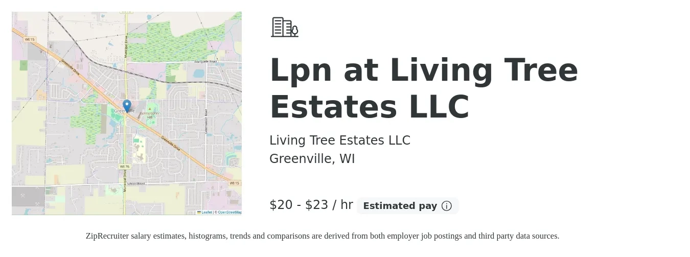 Living Tree Estates LLC job posting for a Lpn at Living Tree Estates LLC in Greenville, WI with a salary of $21 to $24 Hourly with a map of Greenville location.