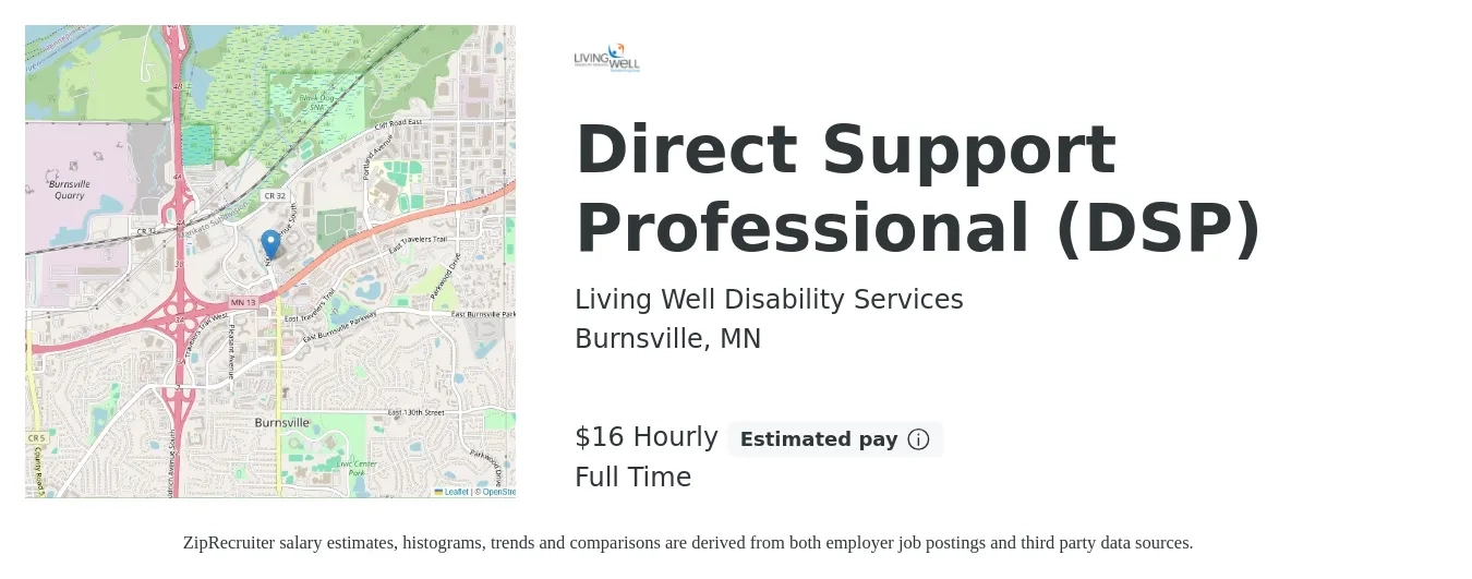 Living Well Disability Services job posting for a Direct Support Professional (DSP) in Burnsville, MN with a salary of $18 Hourly with a map of Burnsville location.
