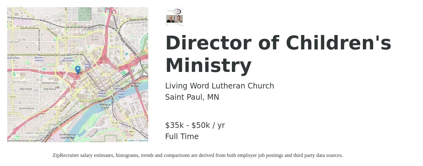 Living Word Lutheran Church job posting for a Director of Children's Ministry in Saint Paul, MN with a salary of $35,000 to $50,000 Yearly with a map of Saint Paul location.