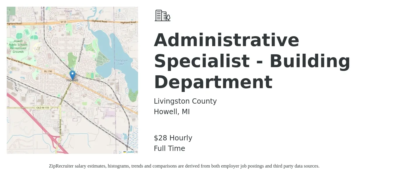 Livingston County job posting for a Administrative Specialist - Building Department in Howell, MI with a salary of $23 to $29 Hourly with a map of Howell location.