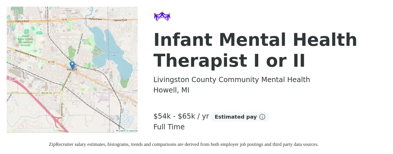 Livingston County Community Mental Health job posting for a Infant Mental Health Therapist I or II in Howell, MI with a salary of $26 to $31 Hourly with a map of Howell location.