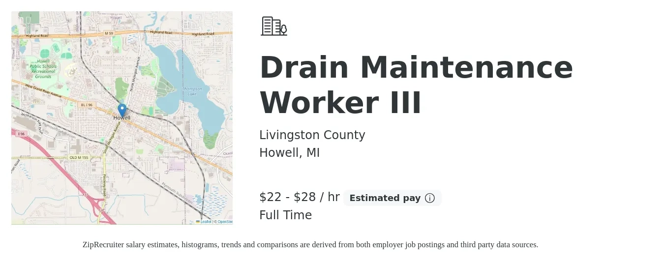 Livingston County job posting for a Drain Maintenance Worker III in Howell, MI with a salary of $23 to $29 Hourly with a map of Howell location.