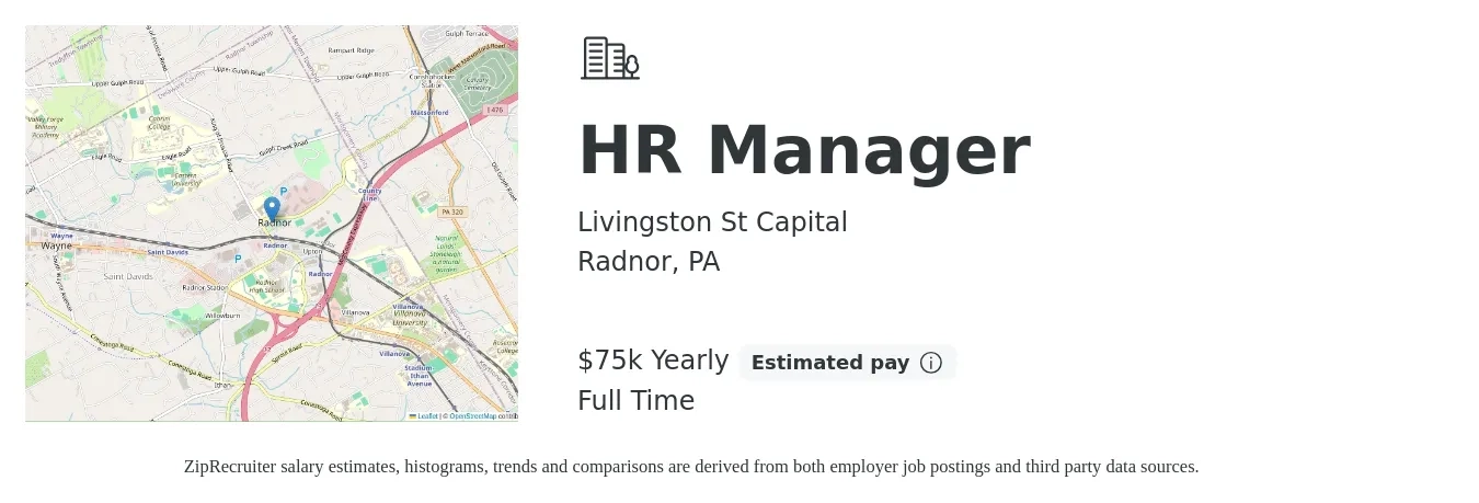 Livingston St Capital job posting for a HR Manager in Radnor, PA with a salary of $75,000 Yearly with a map of Radnor location.
