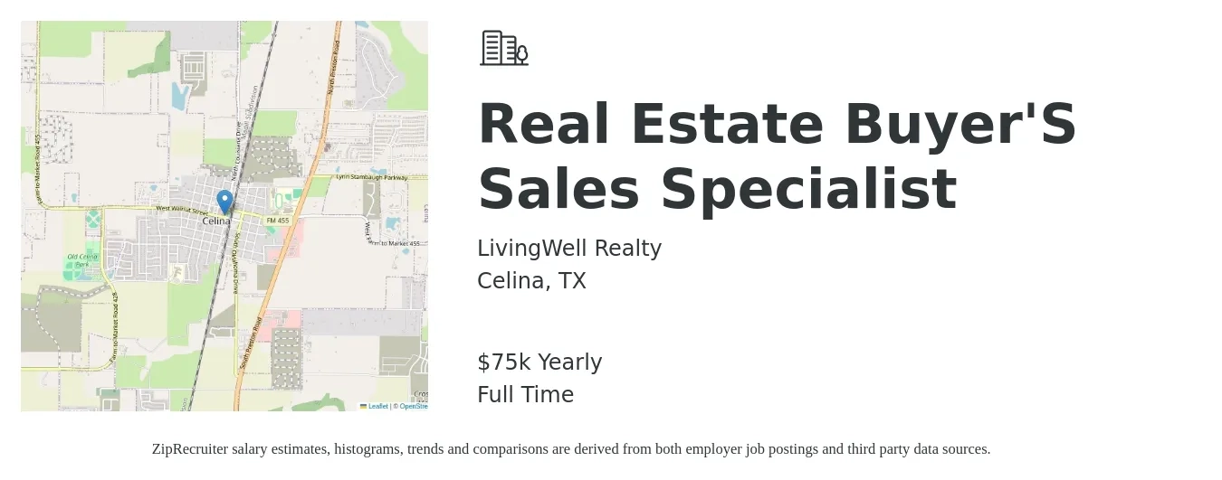 LivingWell Realty job posting for a Real Estate Buyer'S Sales Specialist in Celina, TX with a salary of $75,000 Yearly with a map of Celina location.