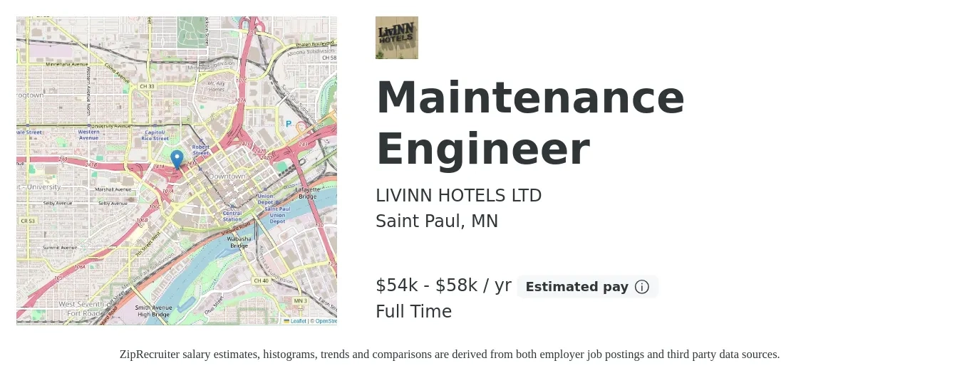 LIVINN HOTELS LTD job posting for a Maintenance Engineer in Saint Paul, MN with a salary of $54,080 to $58,240 Yearly with a map of Saint Paul location.