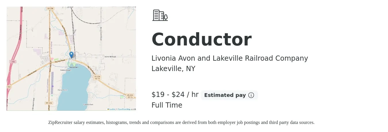 Livonia Avon and Lakeville Railroad Company job posting for a Conductor in Lakeville, NY with a salary of $20 to $25 Hourly with a map of Lakeville location.