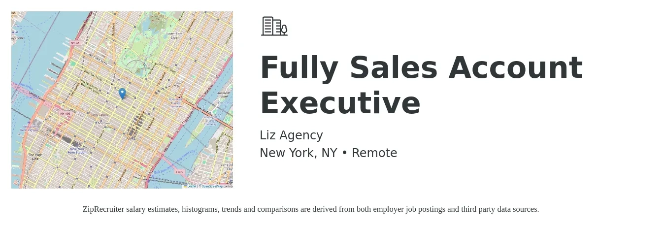 Liz Agency job posting for a Fully Sales Account Executive in New York, NY with a salary of $8,000 to $13,000 Monthly with a map of New York location.