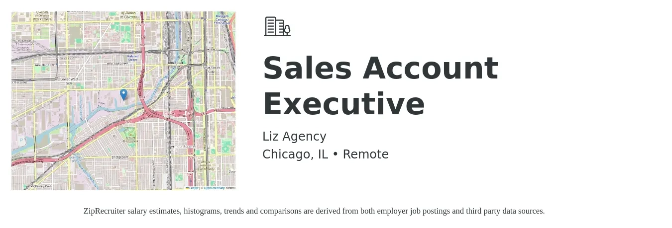 Liz Agency job posting for a Sales Account Executive in Chicago, IL with a salary of $8,000 to $13,000 Monthly with a map of Chicago location.
