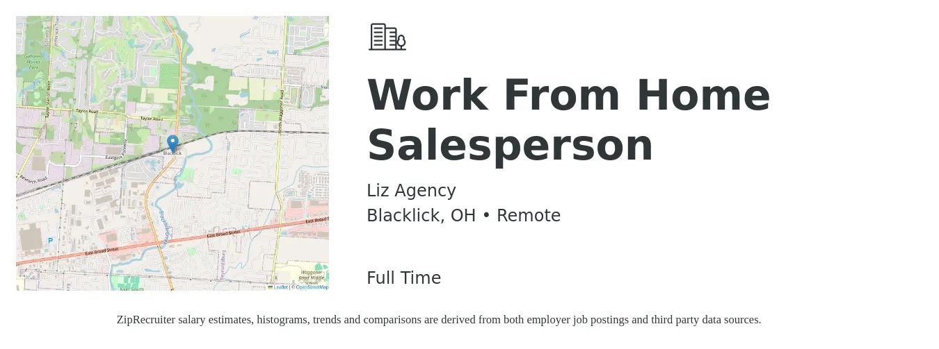 Liz Agency job posting for a Work From Home Salesperson in Blacklick, OH with a salary of $8,000 to $13,000 Monthly with a map of Blacklick location.