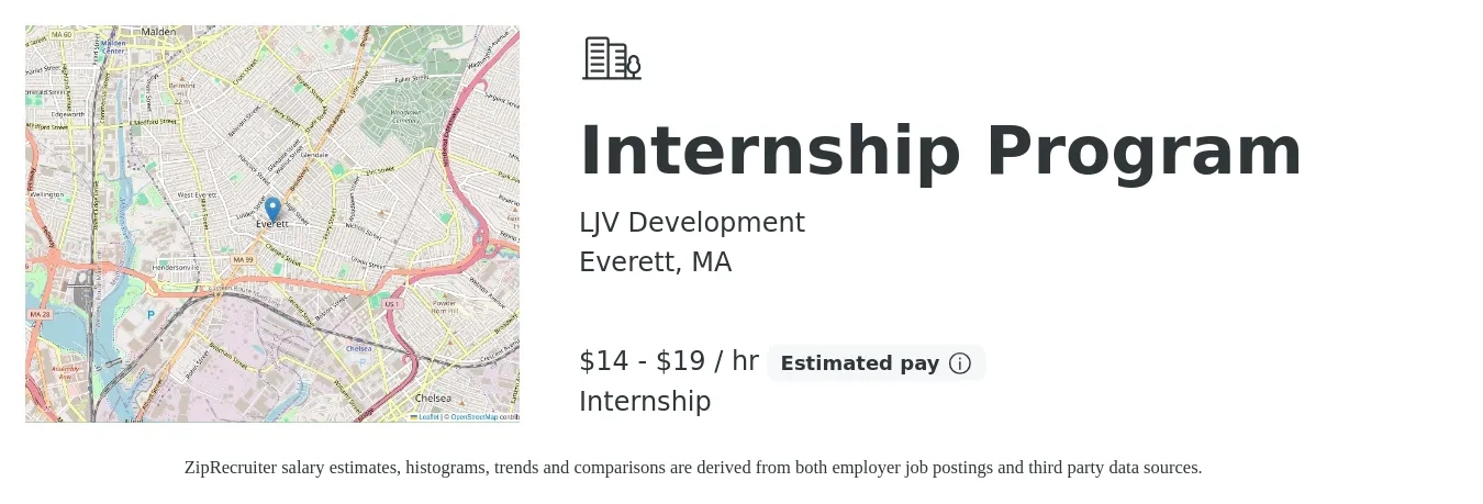 LJV Development job posting for a Internship Program in Everett, MA with a salary of $15 to $20 Hourly with a map of Everett location.