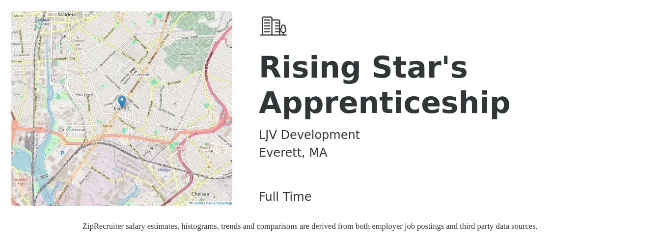 LJV Development job posting for a Rising Star's Apprenticeship in Everett, MA with a salary of $18 to $24 Hourly with a map of Everett location.