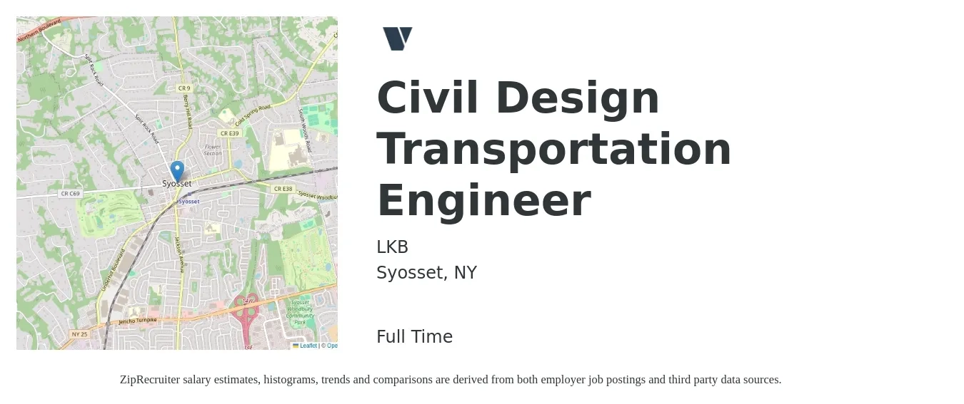 LKB job posting for a Civil Design Transportation Engineer in Syosset, NY with a salary of $85,000 to $120,000 Yearly with a map of Syosset location.