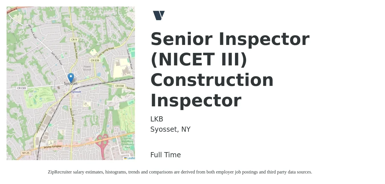 LKB job posting for a Senior Inspector (NICET III) Construction Inspector in Syosset, NY with a salary of $95,000 to $115,000 Yearly with a map of Syosset location.