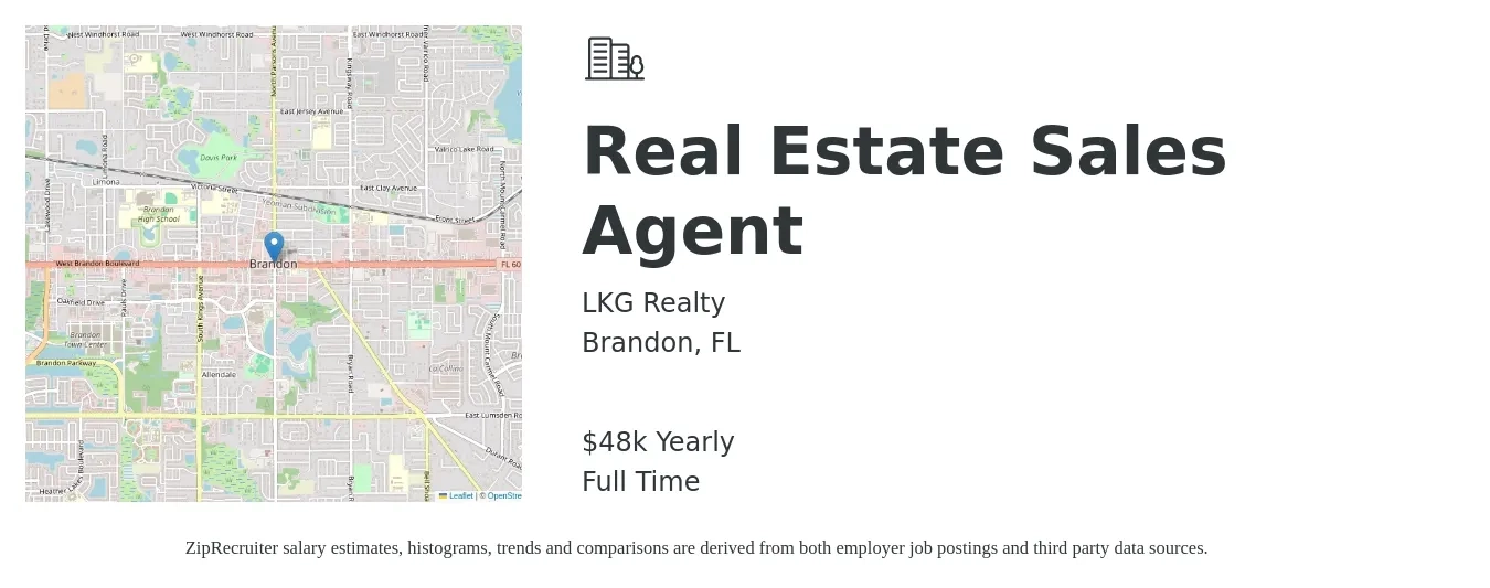 LKG Realty job posting for a Real Estate Sales Agent in Brandon, FL with a salary of $48,227 Yearly with a map of Brandon location.