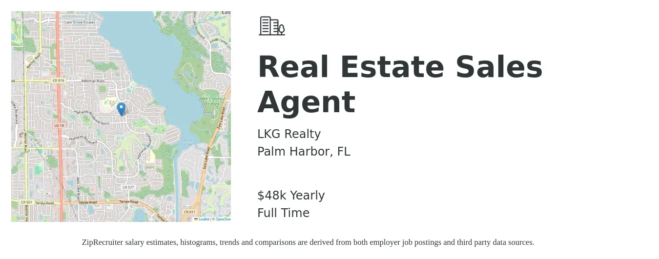 LKG Realty job posting for a Real Estate Sales Agent in Palm Harbor, FL with a salary of $48,227 Yearly with a map of Palm Harbor location.