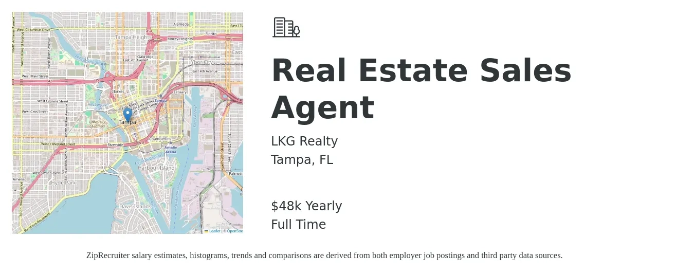 LKG Realty job posting for a Real Estate Sales Agent in Tampa, FL with a salary of $48,227 Yearly with a map of Tampa location.