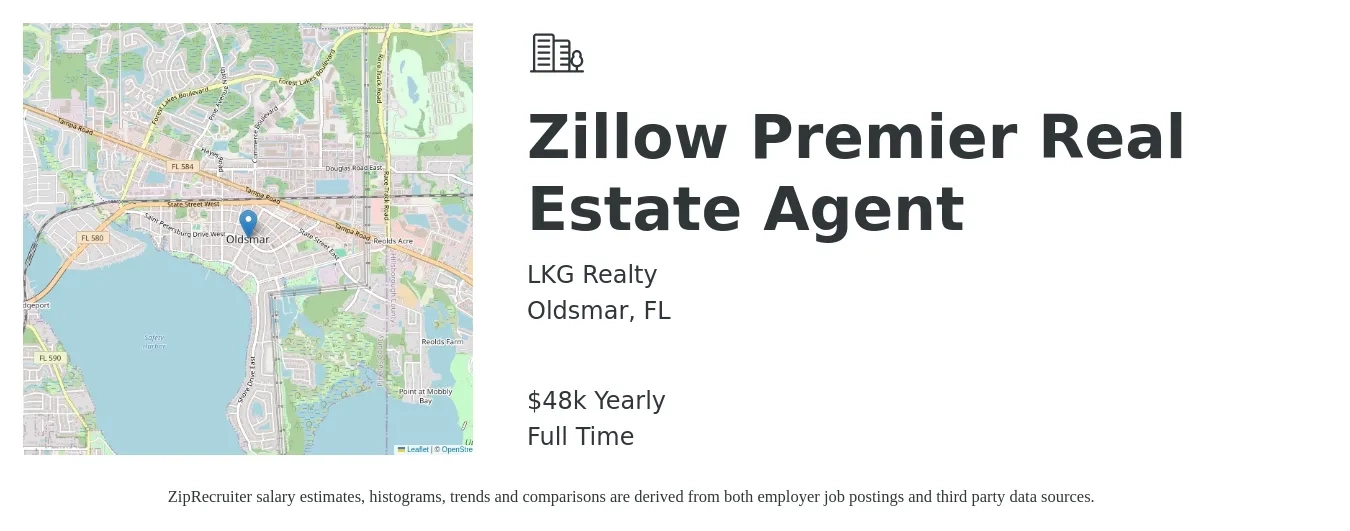 LKG Realty job posting for a Zillow Premier Real Estate Agent in Oldsmar, FL with a salary of $48,227 Yearly with a map of Oldsmar location.