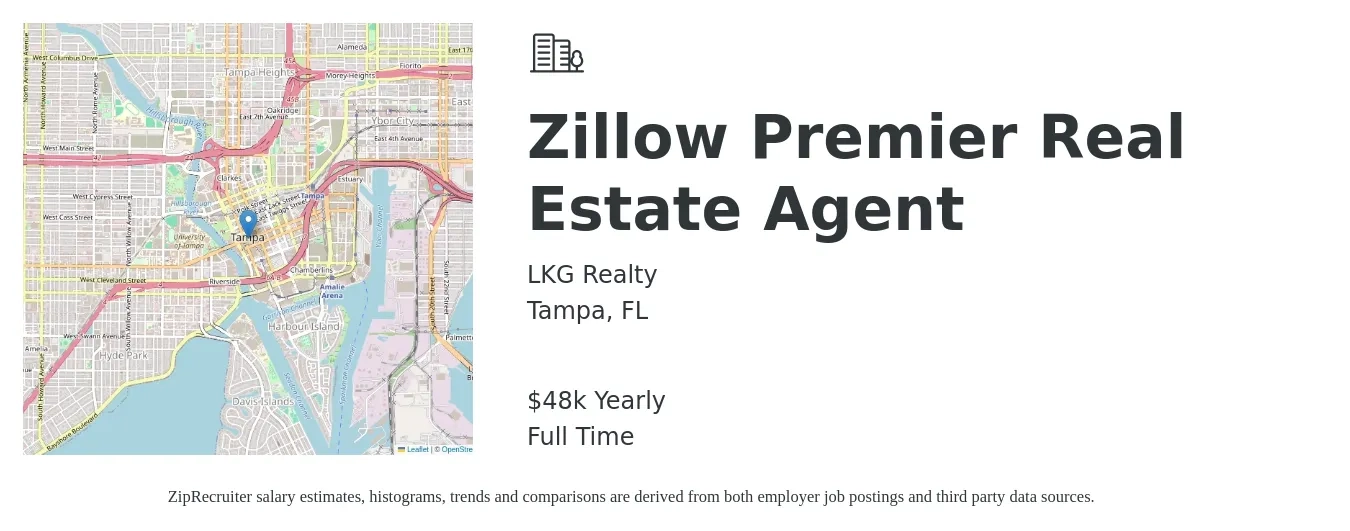 LKG Realty job posting for a Zillow Premier Real Estate Agent in Tampa, FL with a salary of $48,227 Yearly with a map of Tampa location.