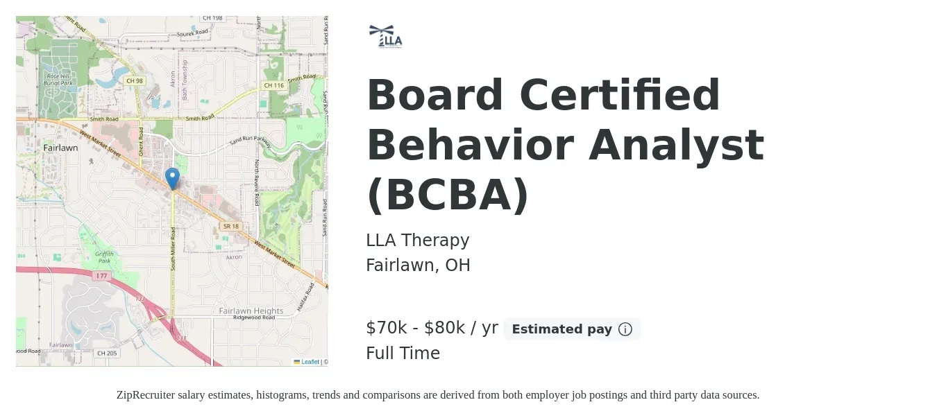 LLA Therapy job posting for a Board Certified Behavior Analyst (BCBA) in Fairlawn, OH with a salary of $72,000 to $80,000 Yearly with a map of Fairlawn location.