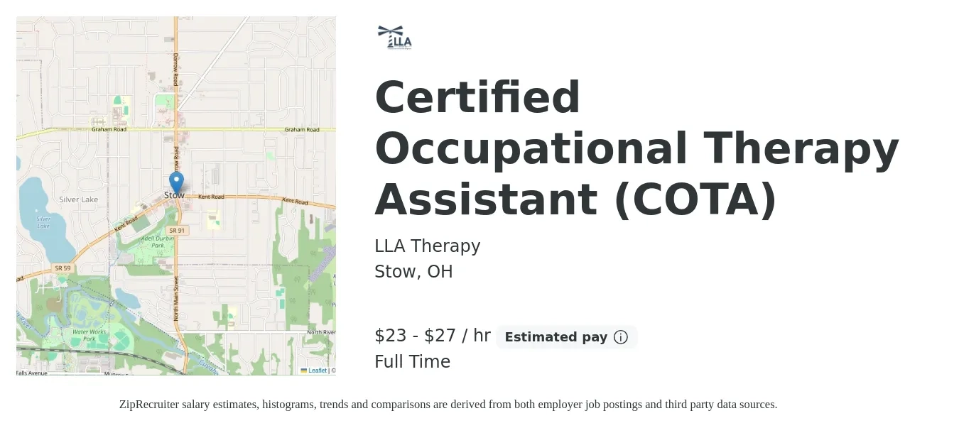 LLA Therapy job posting for a Certified Occupational Therapy Assistant (COTA) in Stow, OH with a salary of $24 to $29 Hourly with a map of Stow location.
