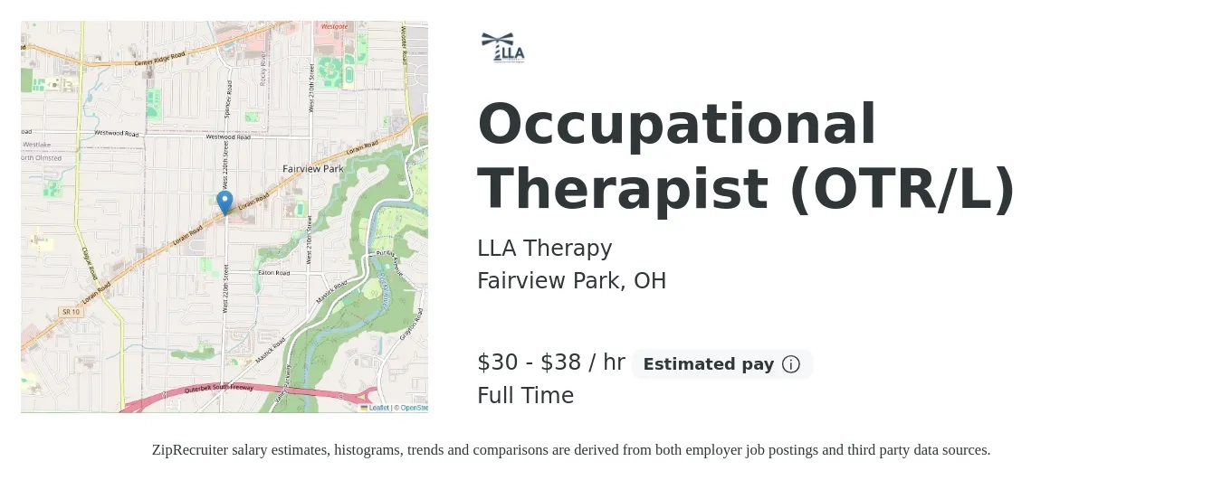 LLA Therapy job posting for a Occupational Therapist (OTR/L) in Fairview Park, OH with a salary of $32 to $40 Hourly with a map of Fairview Park location.