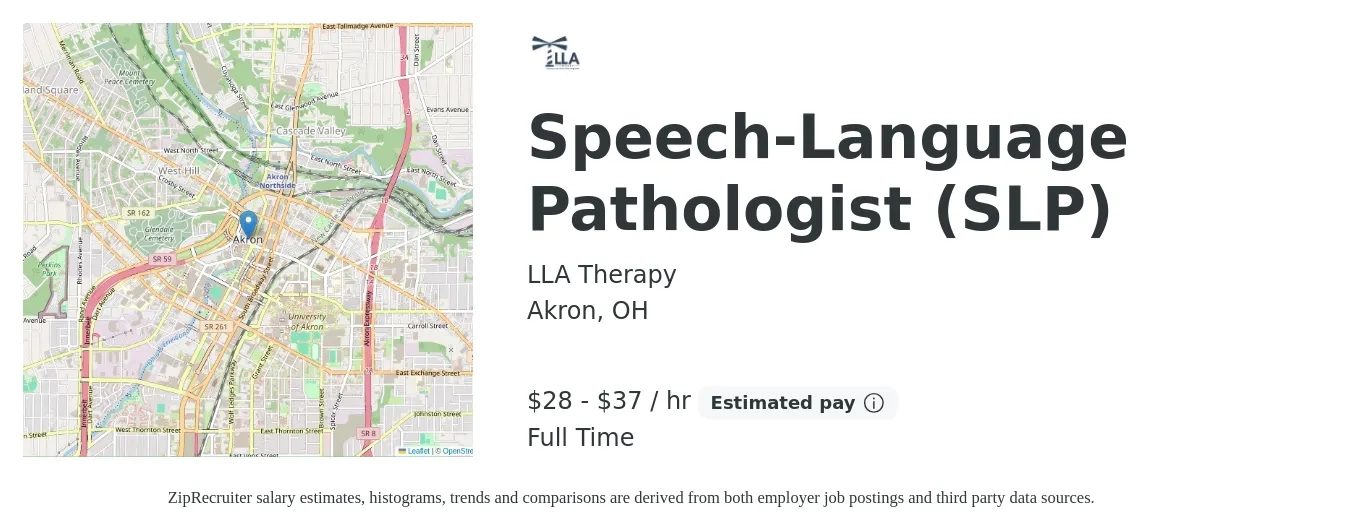 LLA Therapy job posting for a Speech-Language Pathologist (SLP) in Akron, OH with a salary of $30 to $39 Hourly with a map of Akron location.