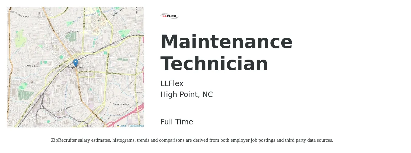 LLFlex job posting for a Maintenance Technician in High Point, NC with a salary of $17 to $24 Hourly with a map of High Point location.