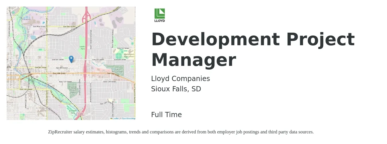 Lloyd Companies job posting for a Development Project Manager in Sioux Falls, SD with a salary of $76,100 to $107,900 Yearly with a map of Sioux Falls location.