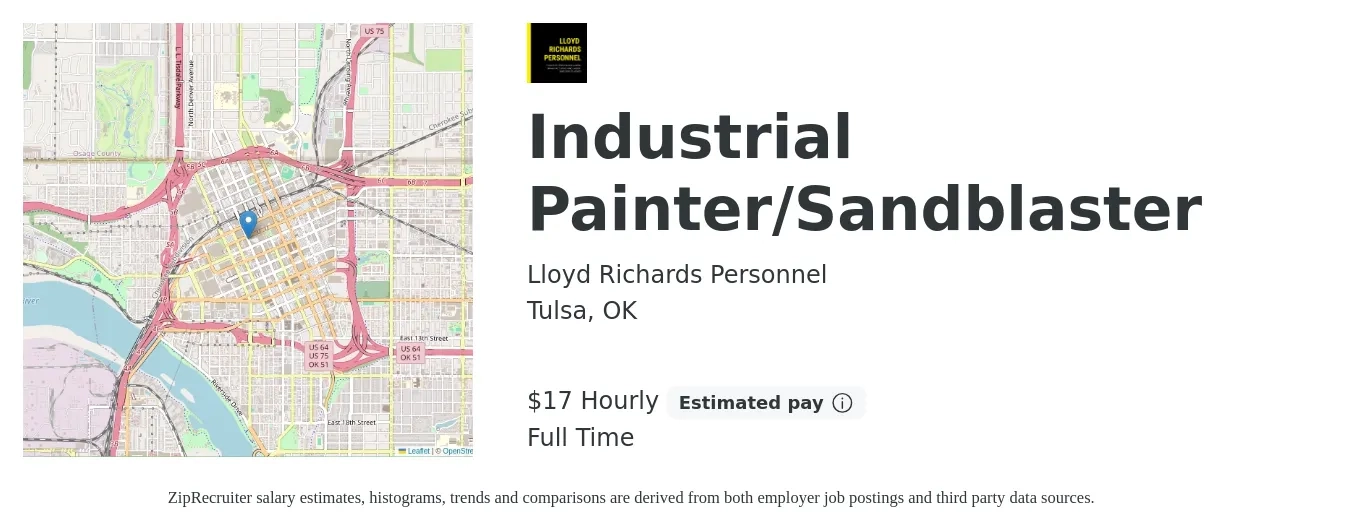 Lloyd Richards Personnel job posting for a Industrial Painter/Sandblaster in Tulsa, OK with a salary of $18 Hourly with a map of Tulsa location.