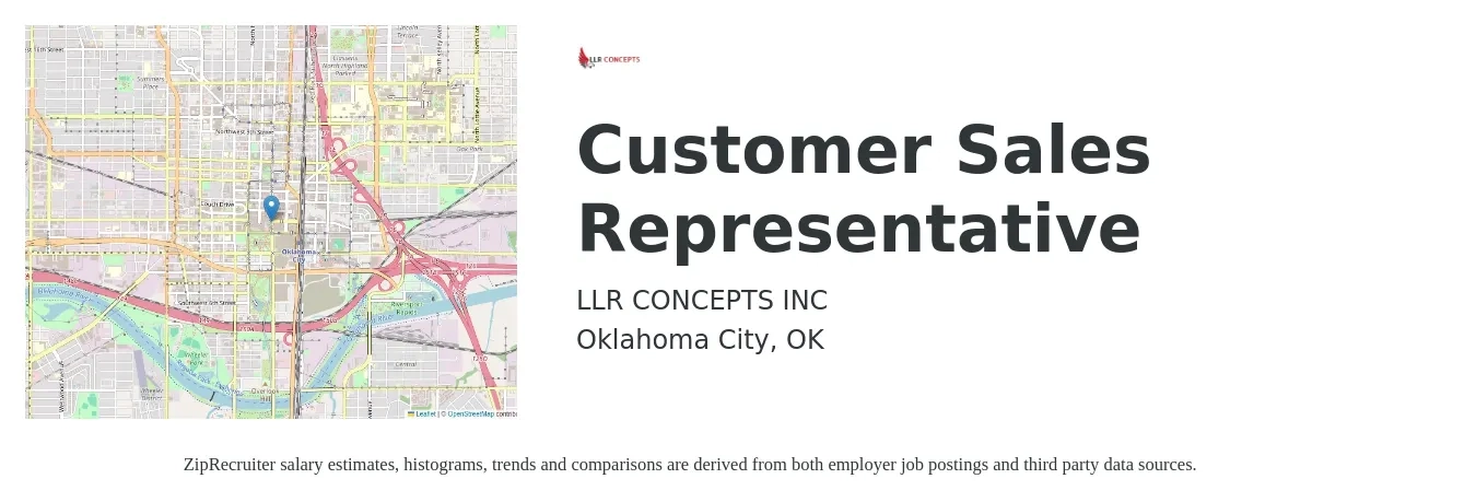 LLR CONCEPTS INC job posting for a Customer Sales Representative in Oklahoma City, OK with a salary of $40,000 to $50,000 Yearly with a map of Oklahoma City location.