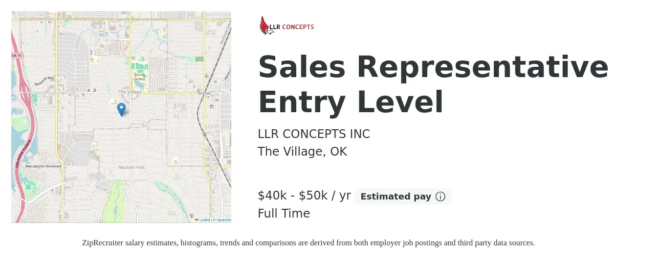 LLR CONCEPTS INC job posting for a Sales Representative Entry Level in The Village, OK with a salary of $40,000 to $50,000 Yearly with a map of The Village location.
