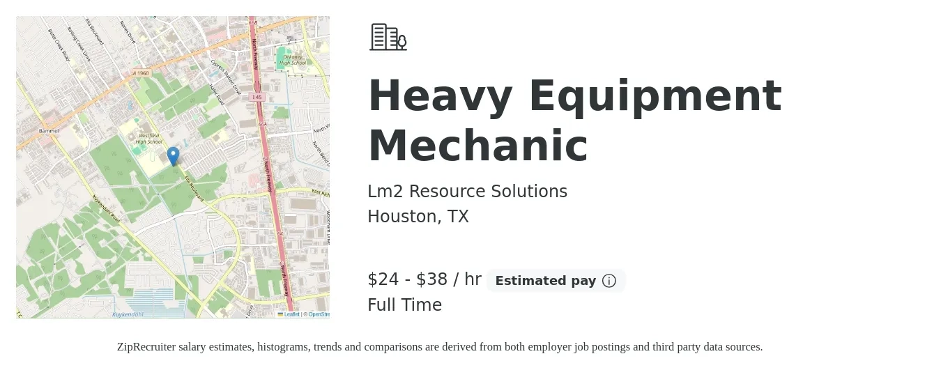 Lm2 Resource Solutions job posting for a Heavy Equipment Mechanic in Houston, TX with a salary of $25 to $33 Hourly with a map of Houston location.