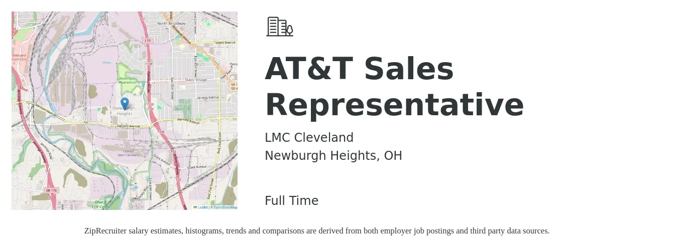 LMC Cleveland job posting for a AT&T Sales Representative in Newburgh Heights, OH with a salary of $500 to $1,100 Weekly with a map of Newburgh Heights location.