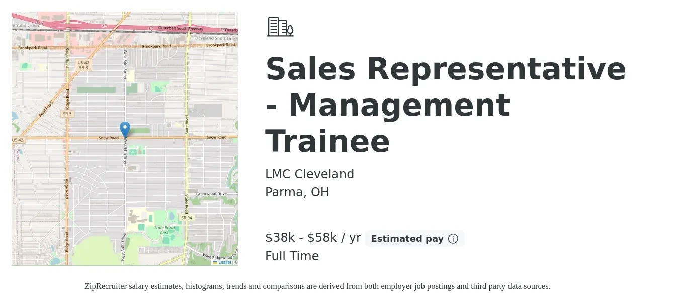 LMC Cleveland job posting for a Sales Representative - Management Trainee in Parma, OH with a salary of $38,000 to $58,000 Yearly with a map of Parma location.