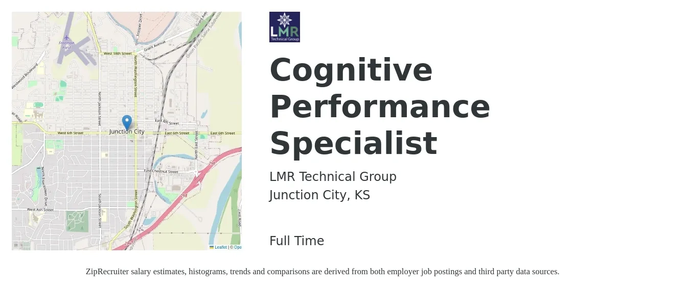 LMR Technical Group job posting for a Cognitive Performance Specialist in Junction City, KS with a salary of $47,800 to $77,700 Yearly with a map of Junction City location.